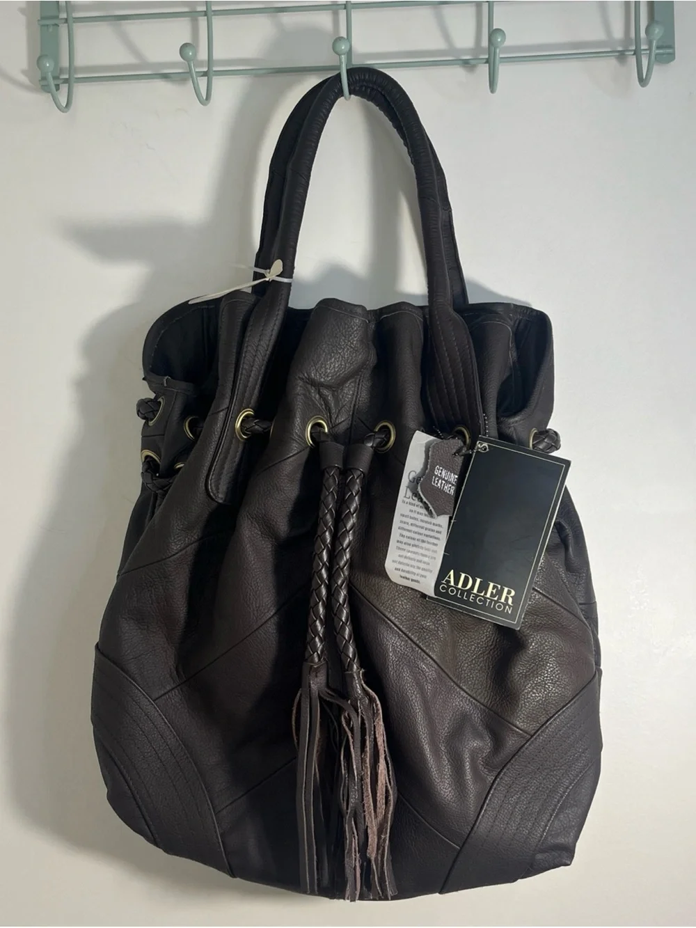 NWT Women's Dark Brown Leather Tote Hobo Bag Braided Drawstring W/Fringe Boho